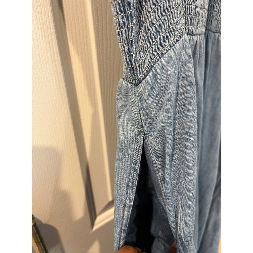 GAP Women Light Wash Denim Smocked Midi Dress Tie Shoulder Blue Cotton XS - Picture 5 of 6